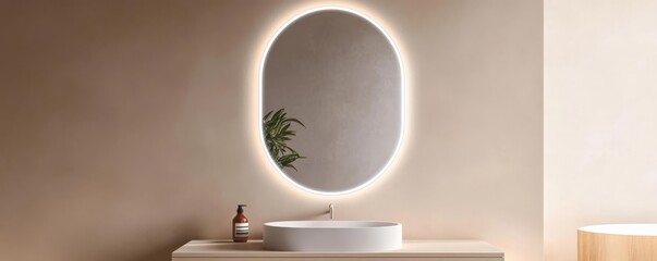 Oval frameless mirror with built-in LED lighting in a gray minimalist bathroom, minimalist bathroom mirror, modern elegance