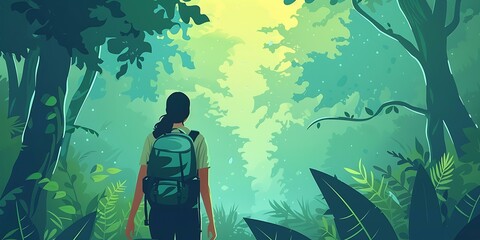 Poster - Woman with Backpack Walking Through a Lush Green Forest