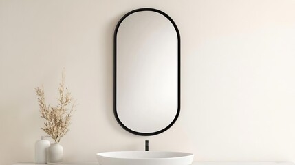 Oval mirror with thin black frame in a minimalist bathroom with soft lighting, minimalist bathroom mirror, modern contrast