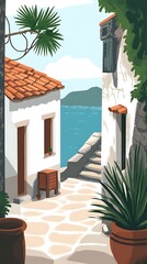 Wall Mural - Mediterranean Sea View With White Buildings And Cobblestone Street