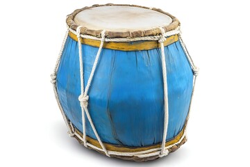 Vibrant blue dholki drum with white ropes on neutral white background