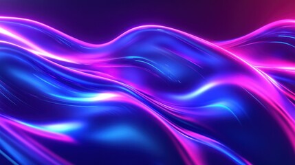 Abstract blue and pink neon light waves on a dark background.