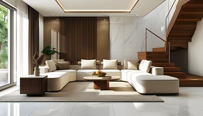 Wall Mural - Elegant living room featuring white marble floor tiles, brown walls, a cozy beige corner sofa, wooden stairway, and natural sunlight creating a warm ambiance