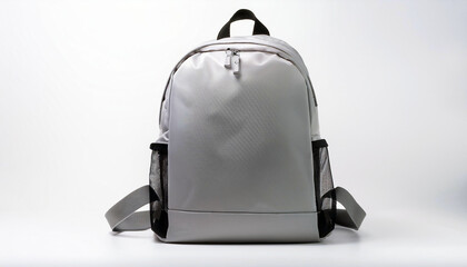 Grey Backpack with Mesh Pockets on a White Background