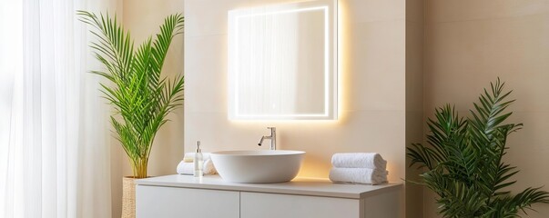 Tall frameless mirror with soft lighting in a neutral-toned bathroom, minimalist bathroom mirror, modern sleekness