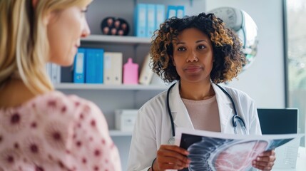 Doctor Explaining Mammogram Results to Patient in Modern Medical Office