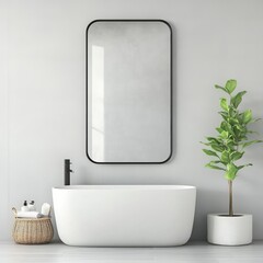 Tall rectangular mirror with soft edges in a minimalist bathroom, minimalist bathroom mirror, sleek luxury