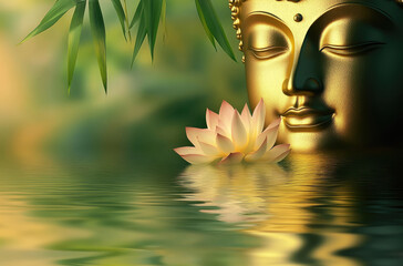 Wall Mural - Golden Buddha face with lotus, bamboo, and water reflection on a green background banner for a meditation studio.