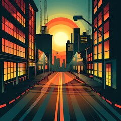 Poster - Cityscape Illustration With A Sunset