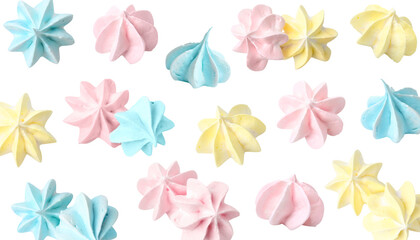 Wall Mural - Delicious meringue cookies in air on white background