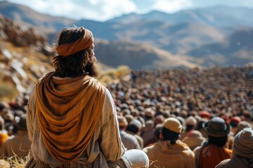 Jesus Preaching to Followers in Desert Landscape