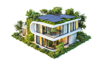 Poster - An innovative green home design with sustainable architecture featuring solar panels, rooftop garden, and energy-efficient windows isolated on white background