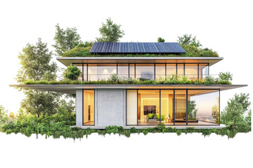 Poster - An innovative green home design with sustainable architecture featuring solar panels, rooftop garden, and energy-efficient windows isolated on white background