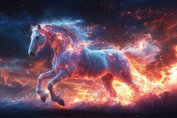 Wall Mural - surreal digital painting of a majestic horse composed of swirling galaxies and cosmic dust emerging from a shimmering portal between reality and dreams
