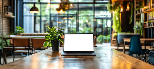Wall Mural - stylish laptop mockup in an open office workspace - transparent png banner for business websites, di