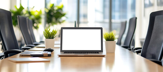 Wall Mural - stylish laptop mockup in an open office workspace - transparent png banner for business websites, di