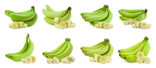 Poster - Fresh ripe green bananas isolated on white, set