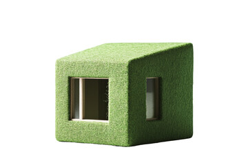Poster - Compact insulated green building, passive design principles, minimal environmental impact, on solid white background, single object.,