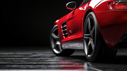 Red sports car parked on a black surface.