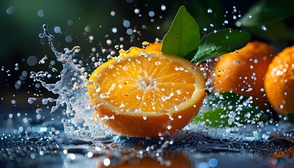 Wall Mural - Vibrant Orange Splashing in Water at Night, Capturing Freshness and Energy in Detail, Perfect for Refreshment and Healthy Living Photography