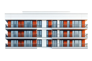 Contemporary urban apartment building with balconies and geometric patterns, isolated on white background highlighting detailed structural elements