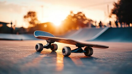 A skateboard on a skatepark ramp, sunset in the background.