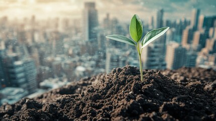 Small green plant sprout growing in soil with a blurred city skyline in the background.