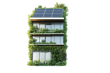 Poster - Eco-friendly building with solar panels and vertical garden, showcasing green construction technology isolated on white background