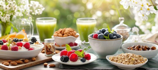 Wall Mural - Healthy Breakfast Spread Featuring Yogurt, Berries, Nuts, and Green Tea for Optimal Nutrition