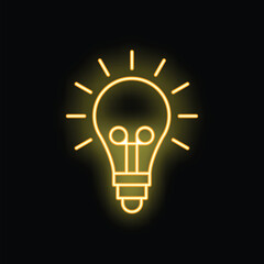 Poster - Bright yellow neon lightbulb shining on a black background, representing a new idea