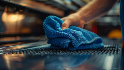 person is cleaning surface with blue microfiber cloth, showcasing attention to detail