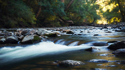 Blurred bokeh of a calm, flowing river