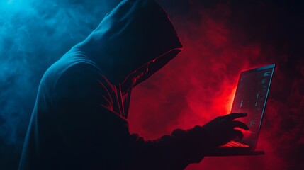 Aufkleber - Hacker in neon-lit room typing on a laptop with coding interface. Represents cybercrime and hacking operations.