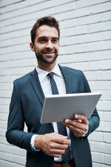 Poster - Business man, tablet and happy by wall background for communication, networking and research with web. Consultant, technology and smile outdoor for finance report, spreadsheet and online investment