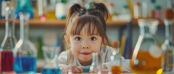 two curious kids in a science lab, wearing goggles and expressing surprise.