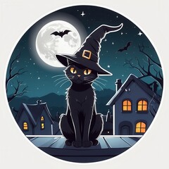 A charming black cat with glowing yellow eyes sits under the full moon, wearing a witch hat, as bats fly around in a magical Halloween night