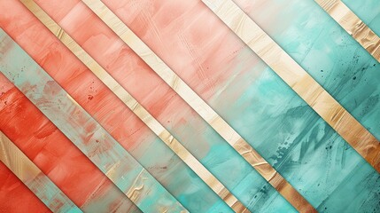 Canvas Print - Turquoise and coral gradient wallpaper with intricate gold stripes background