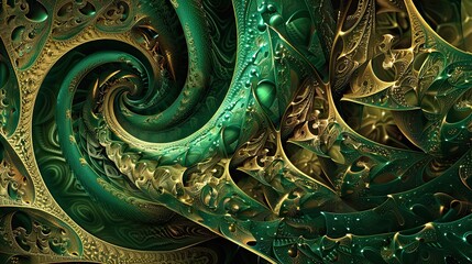 Wall Mural - Swirling emerald green and gold fractal backdrop with dynamic interlocking shapes