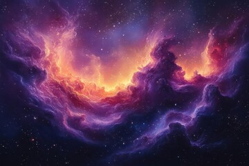 Wall Mural - Ethereal Cosmic Nebula with Swirling Purple and Gold Celestial Clouds Against a Starry Night Sky
