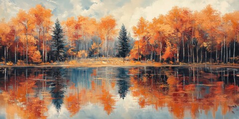 Sticker - serene lake reflecting autumn trees