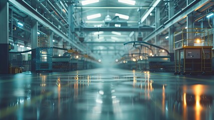 Poster - Soft-focus factory floor with rows of machinery and overhead conveyor belts