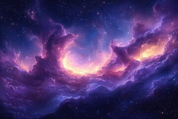 Wall Mural - Ethereal Cosmic Nebula with Swirling Purple and Gold Celestial Clouds Against a Starry Night Sky
