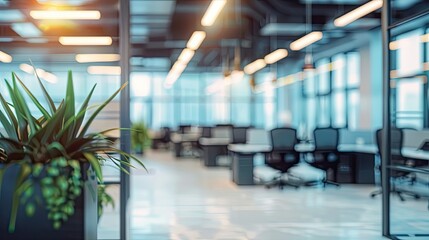 Canvas Print - Office cubicles with large windows and muted lighting blurred for subtle effect