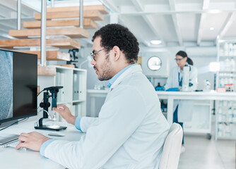 Aufkleber - Microscope, computer or man in laboratory for dna breakthrough, clinical trial and discovery. Biotechnology, medical scientist and vaccine research with particles for mpox cure development or testing