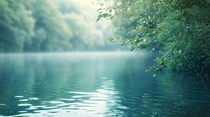 Canvas Print - Very blurred lakeside wallpaper with softened water reflections and lush trees