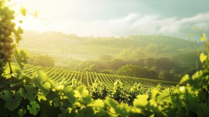 Canvas Print - Very blurred backdrop of a vineyard with softened grapevines hills and a clear sky