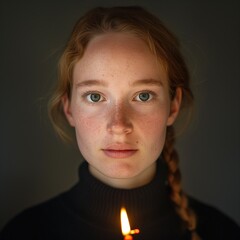 A woman holds a candle, embodying the spirit of Hanukkah in a serene atmosphere