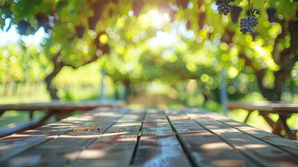 Wall Mural - Blurred vineyard picnic area with softened tables and bright sky in background