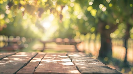 Wall Mural - Softened vineyard picnic tables with blurred grape arbor under a sunny sky