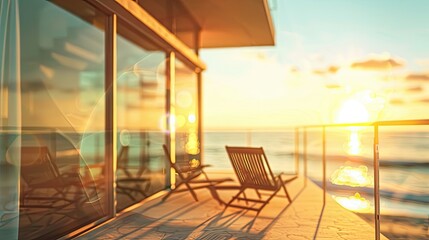 Softened beach house with blurred ocean and sunny sky for peaceful wallpaper